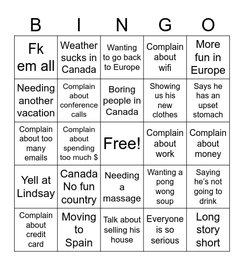 Dirk Bingo Card