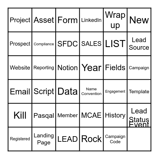 SFDC Marketing Bingo Card