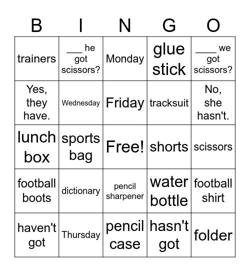 review game Bingo Card