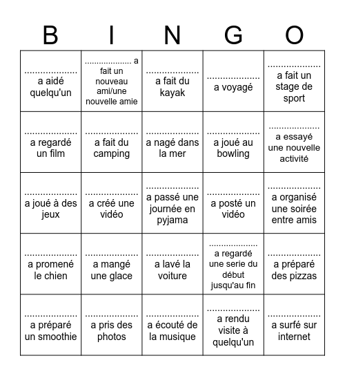 Bingo Vacances Bingo Card