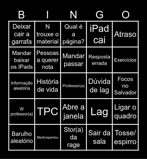 Bingo das aulas Bingo Card