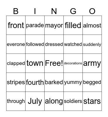 Sam's Fourth of July Bingo Card