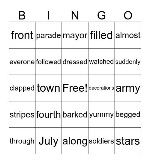 Sam's Fourth of July Bingo Card