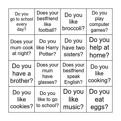 Bingo. Present simple questions Bingo Card