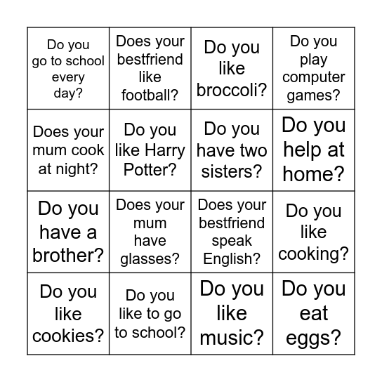 Bingo. Present simple questions Bingo Card