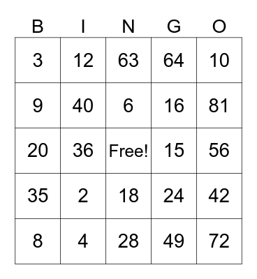 Multiplication Bingo Card