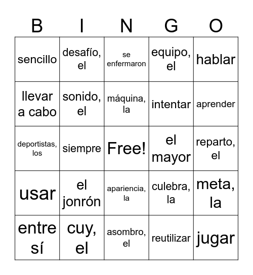 Vocabulario de español 3 Bingo Card