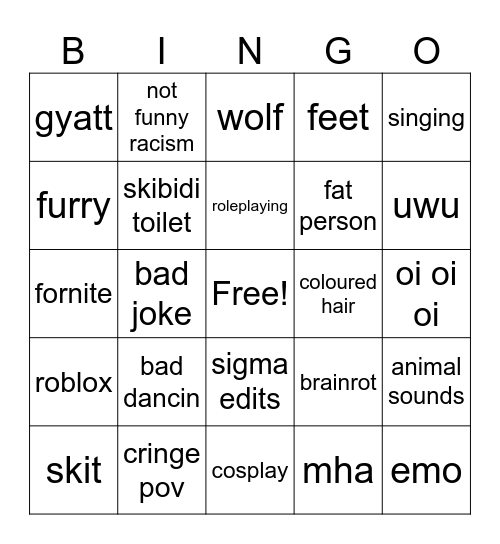 Cringe Bingo Card