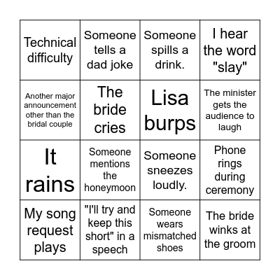 S&X Wedding Bingo Card