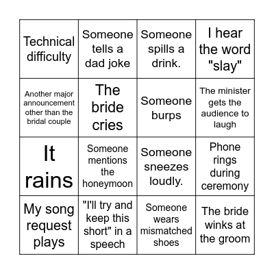 S&X Wedding Bingo Card