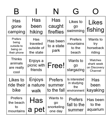 Outdoors Bingo Card