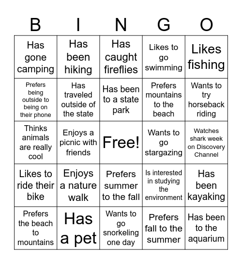 Outdoors Bingo Card