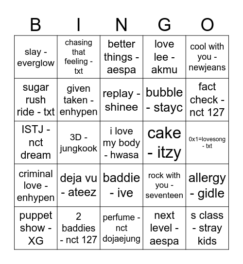 kpop Bingo Card