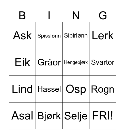 Trær i Norge Bingo Card