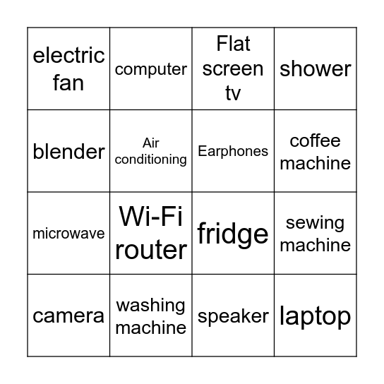 appliances Bingo Card