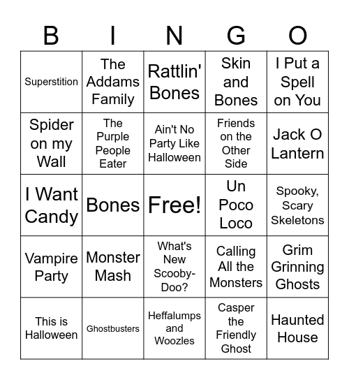 Halloween Music Bingo Card