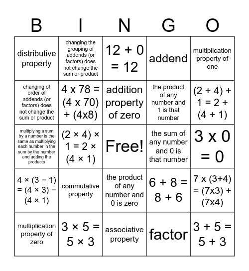 Number Properties BINGO Card