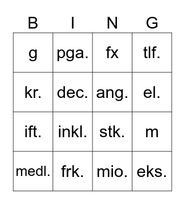 Danske forkortelser Bingo Card