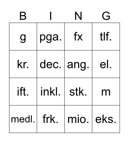 Danske forkortelser Bingo Card