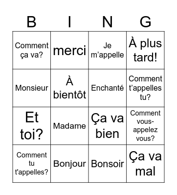 Greetings in French Bingo Card