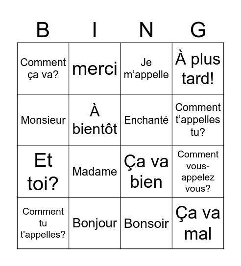 Greetings in French Bingo Card