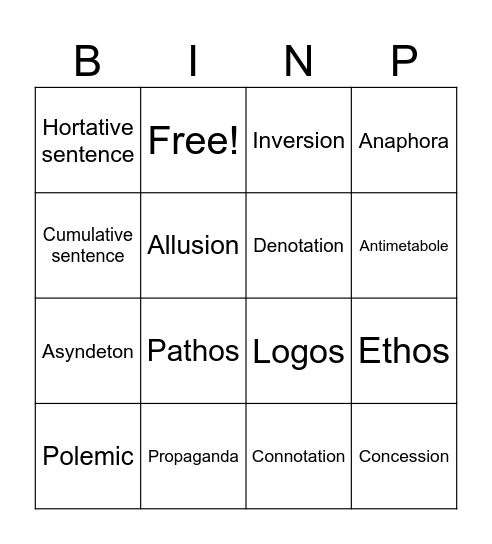 AP Lang Vocab Bingo Card