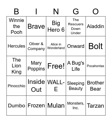 Disney & Pixar Movie Bingo Card