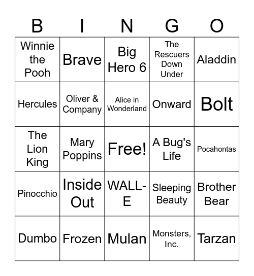 Disney & Pixar Movie Bingo Card