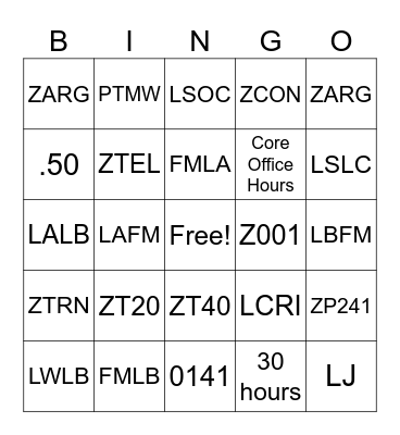 Time Admin Bingo Card