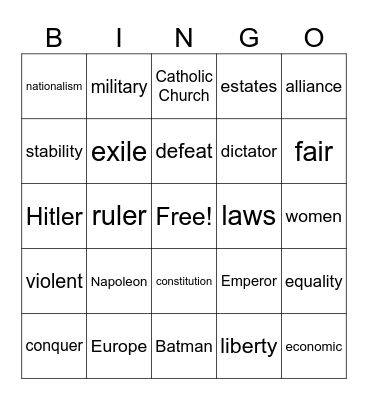 Napoleon and French Revolution Review Bingo Card