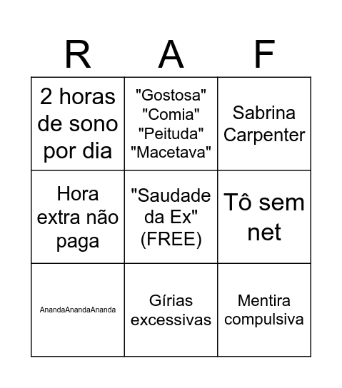 Rafingo Bingo Card