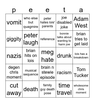 Family Guy Bingo Card