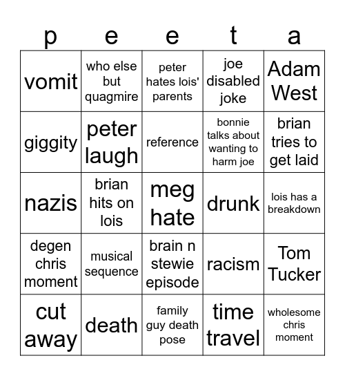 Family Guy Bingo Card