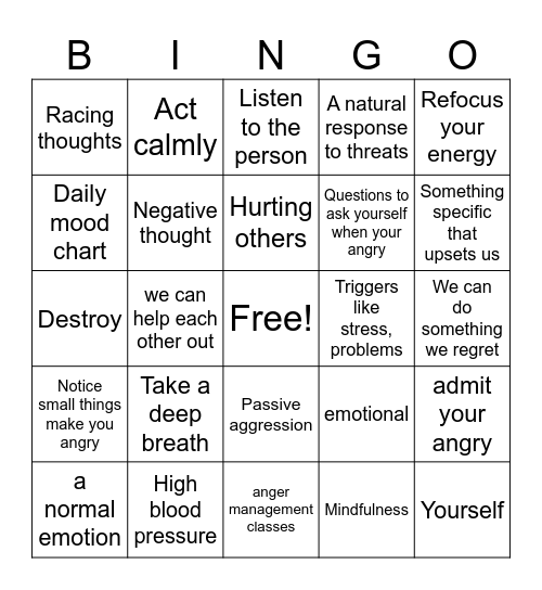 Anger/ anger management Bingo Card