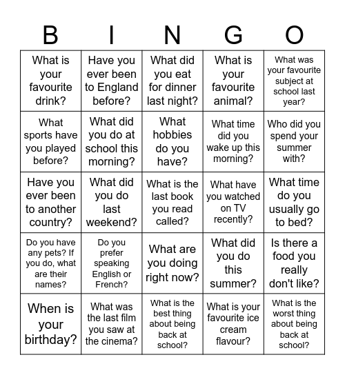 Ice Breaker Bingo - ESL A2/B1 Bingo Card