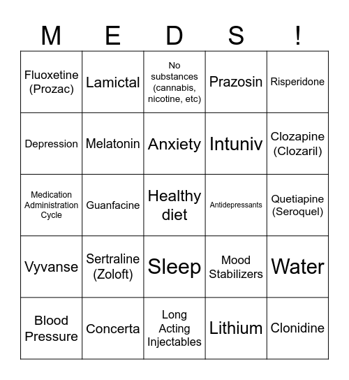 Psych Medication Bingo Card