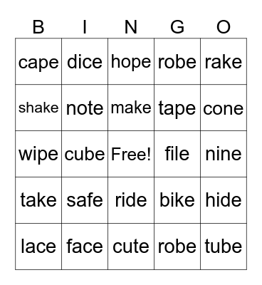 spelling Bingo Card