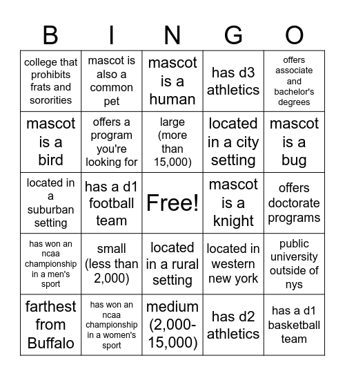 College Fair Bingo Card