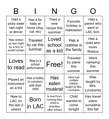 Back to School Night Bingo Card