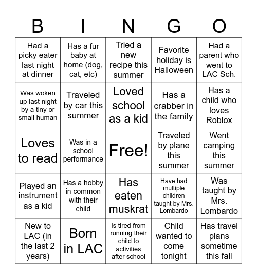 Back to School Night Bingo Card