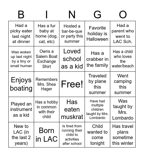 Back to School Night Bingo Card