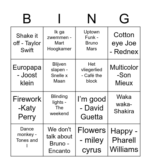 Muziek Bingo Card