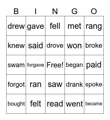 Irregular Verbs Bingo Card