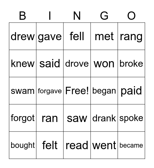 Irregular Verbs Bingo Card