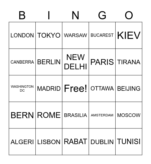 COUNTRIES AND CAPITALS Bingo Card