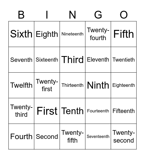 Ordinal numbers Bingo Card