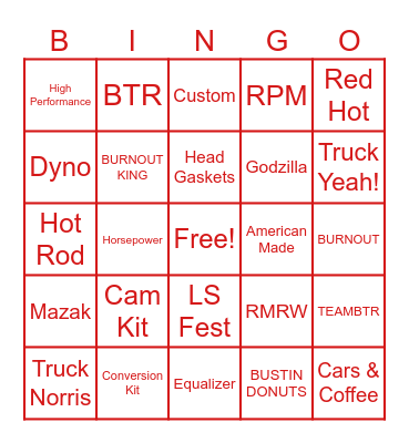 BTRCars Bingo Card