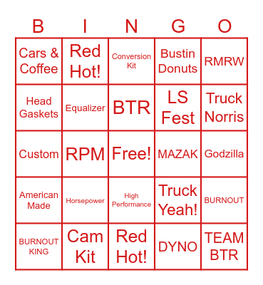 BTRCars Bingo Card