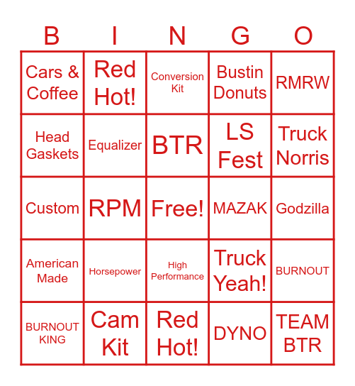 BTRCars Bingo Card