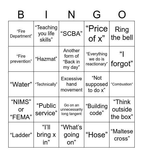 Fire EMS Bingo Card